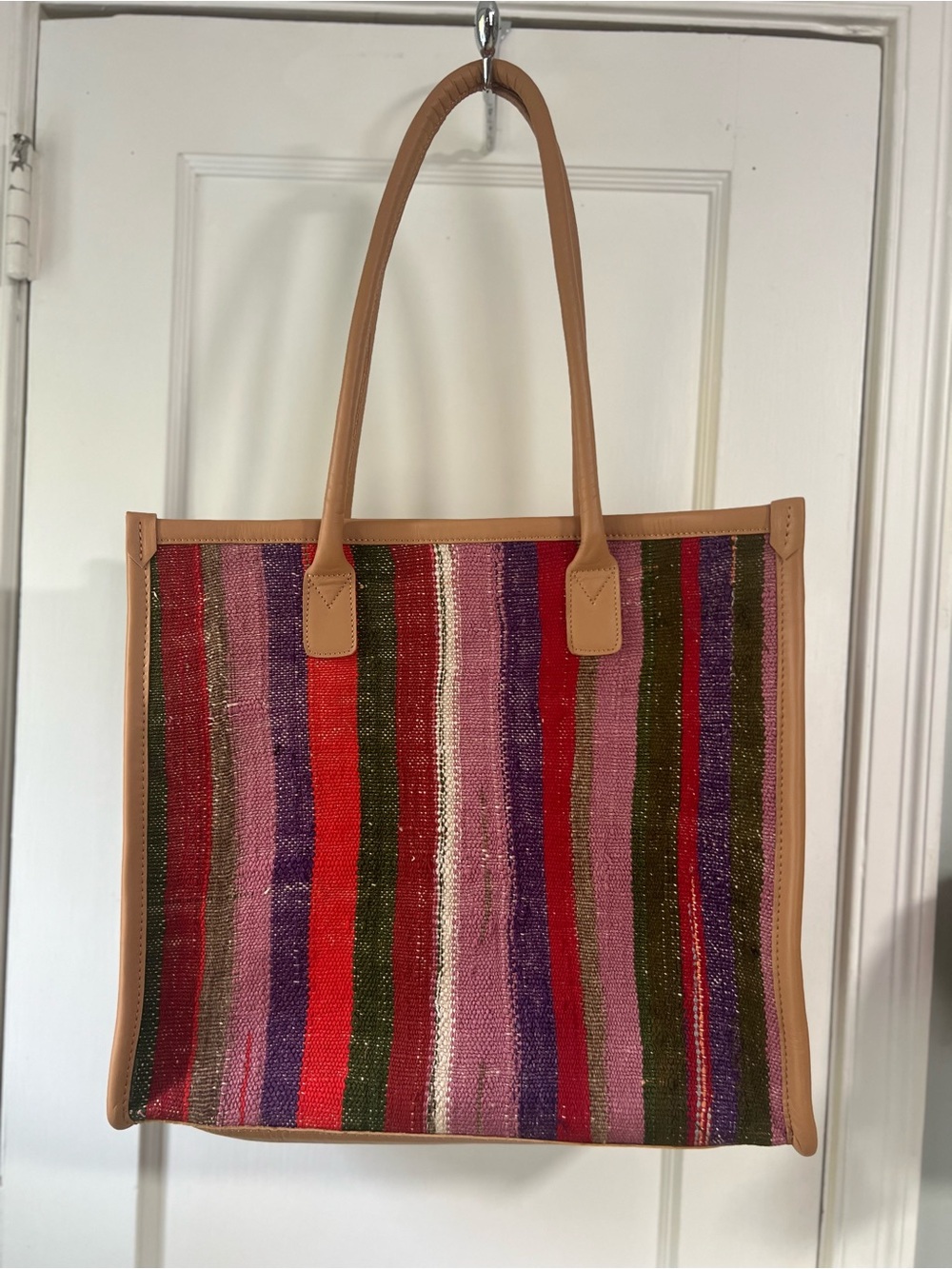 Moroccan Multicolor Tote- Berber Blanket face with genuine leather back and trim